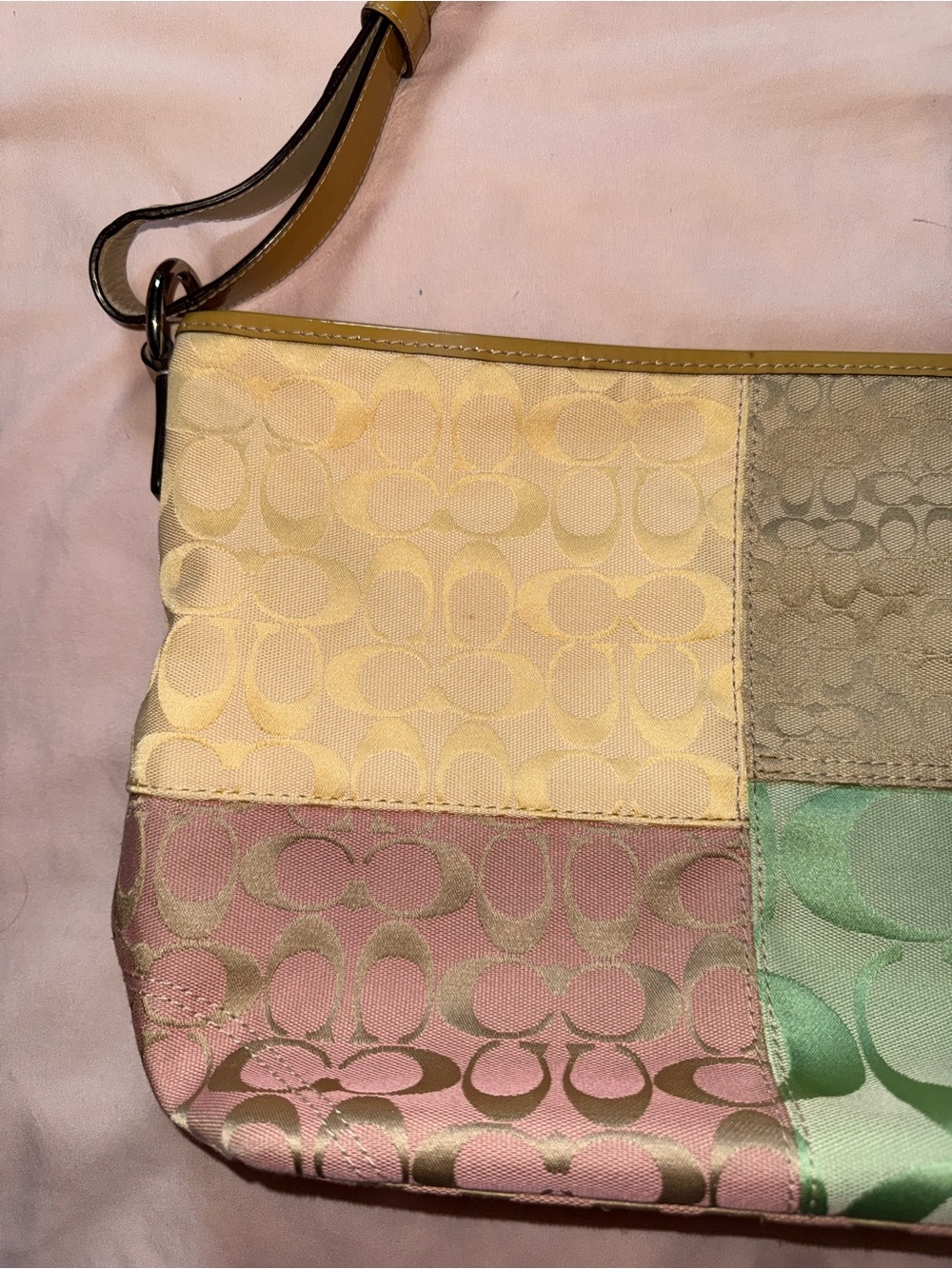 Coach Pastel Patchwork Signature Shoulder Bag - Yellow, Beige, Pink, Green - Picture 4 of 12
